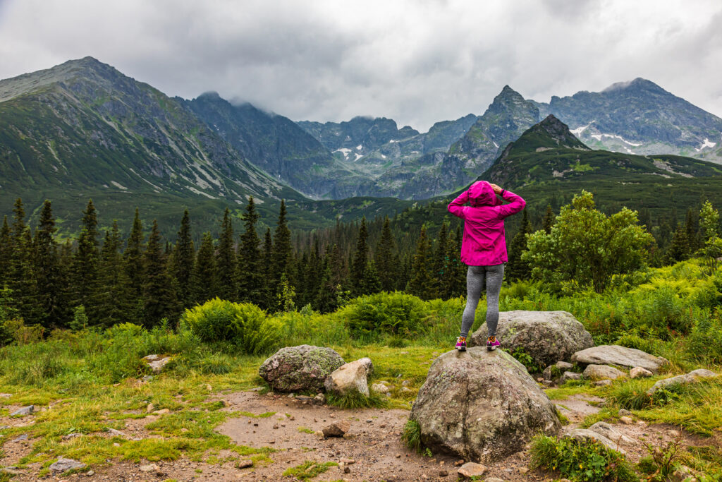 Kobieta w różowej kurtce stoi na kamieniu. W tle widać panoramę górską. 