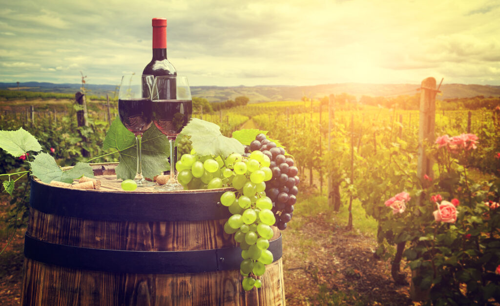 Dwa kieliszki z czerwonym winem stoją na drewnianej beczce. Obok znajdują się zielone i ciemne winogrona. Z tyłu stoi butelka wina. W tle niebo, winnica i wzgórza.