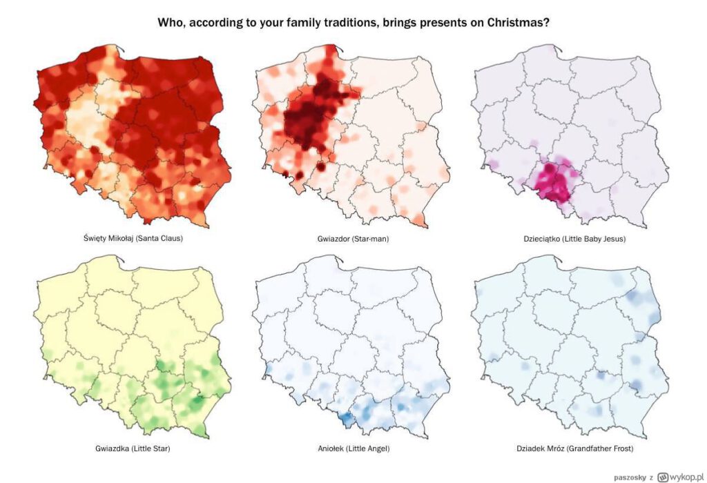 Mapy Polski pokazujące, kto przynosi prezenty świąteczne w różnych regionach Polski.
