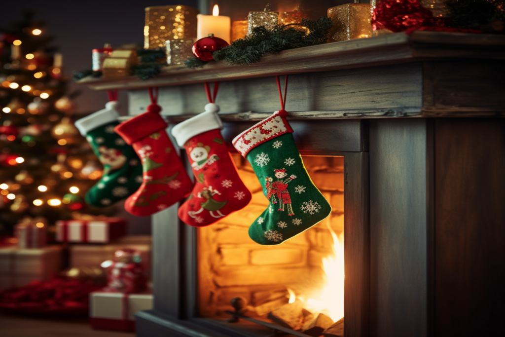 Skarpetki świąteczne widzą na kominku. W tle choinka i prezenty.