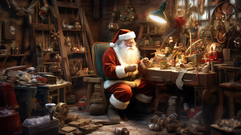 Święty Mikołaj siedzi w swojej pracowni i robi prezenty. 