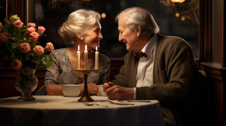 Starsze małżeństwo siedzi przy stoliku w restauracji. Na stole stoi świecznik, dwie filiżanki, sztućce i wazon z różowymi różami.