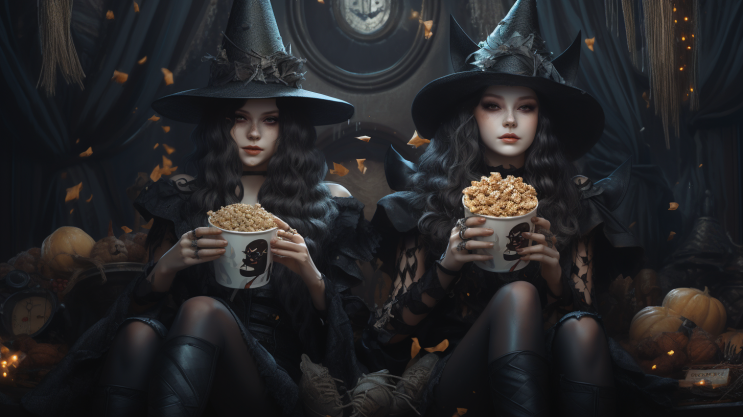 Dwie kobiety o czarnych włosach i w stroju czarownic siedzą z popcornem w ręce i patrzą się przed siebie. W tle czarne dekoracja, a dookoła unoszą się pomarańczowe liście i leżą niewielkie dynie.