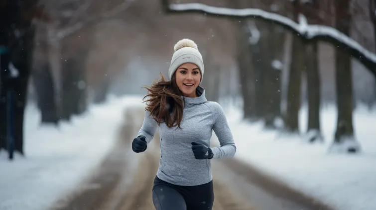 Kobieta biegnie w parku. Ubrana jest w bluzę, czapkę i rękawiczki. Dookoła leży śnieg.
