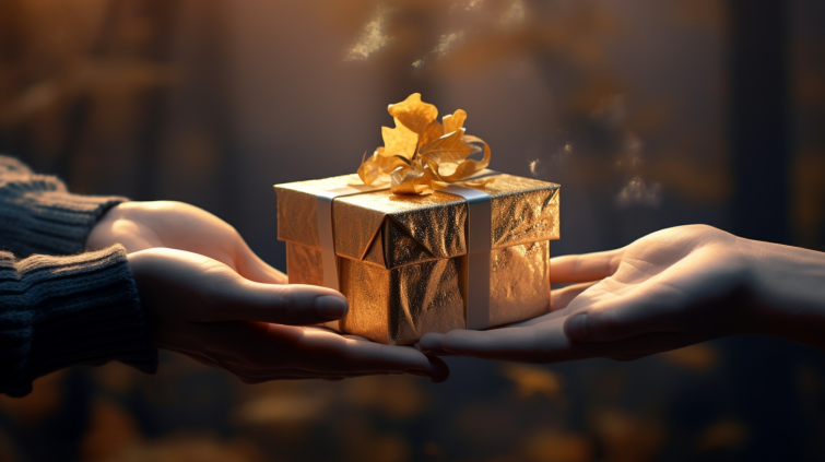 Jedna osoba podarowuje drugiej prezent w złotym papierze i ze złotą kokardą. Na zdjęciu widać tylko dłonie i pudełko prezentowe.