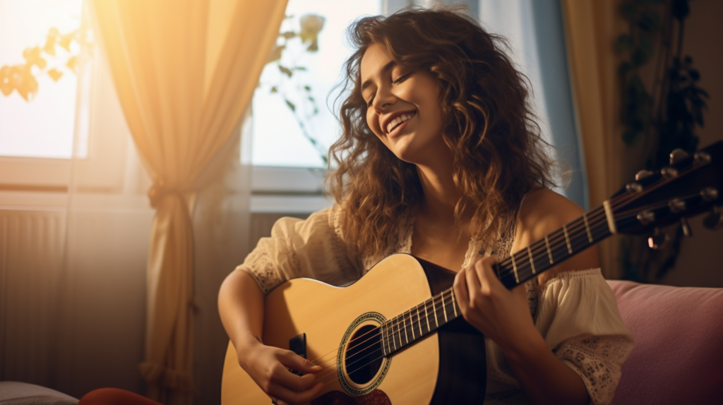 Młoda kobieta siedzi i gra na gitarze. Uśmiecha się, ma zamknięte oczy. W tle okna z zasłonami i kwiaty.