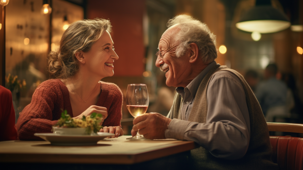 Starszy mężczyzna w koszuli i kamizelce siedzi z młodą kobietą przy stoliku. Znajdują się w restauracji. Na stole stoi kieliszek wina i talerz z sałatką.