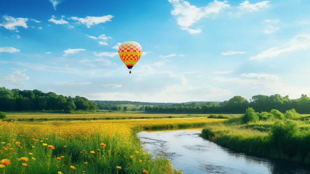 Kolorowy balon leci nad łąką i rzeką. W tle lasy, pola i niebo.