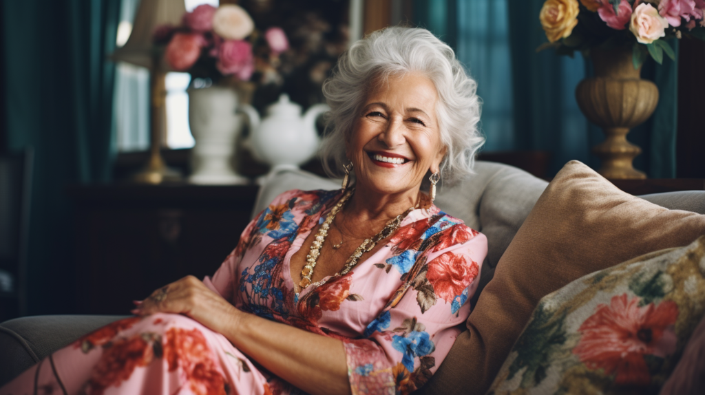 Starsza kobieta uśmiecha się i siedzi na kanapie. Trzyma dłonie na kolanach. W tle wazony z kwiatami, lustro oraz imbryk.