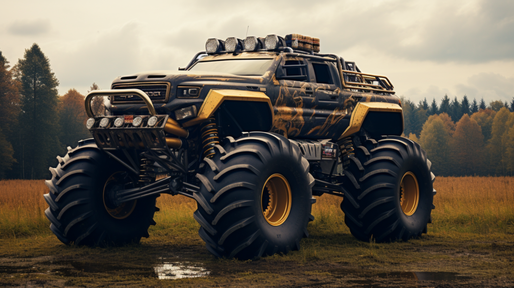 Czarno-żółty monster truck stoi na polu. W tle lasy i niebo.