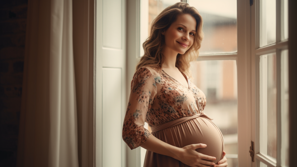 Kobieta w ciąży stoi uśmiechnięta przy oknie. Dotyka się za brzuch. W tle zasłony i widok zza okna.