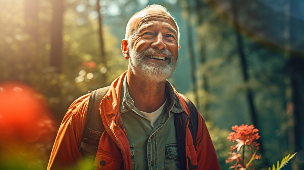 Starszy mężczyzna spaceruje po lesie. Uśmiecha się. Jest ubrany w zieloną koszulę i pomarańczową kurtkę. W tle drzewa.