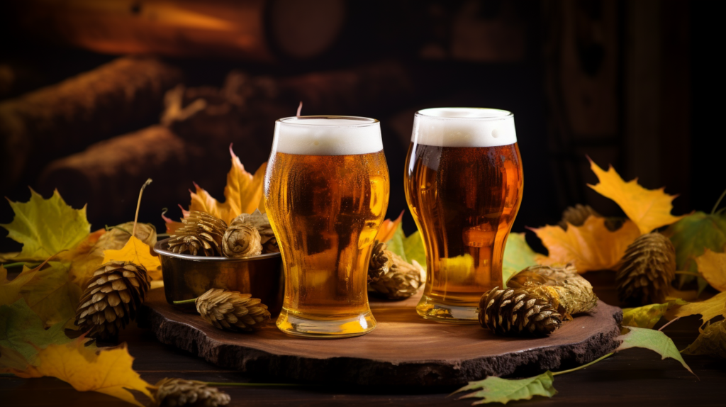 Dwa kufle z piwem stoją na drewnianej podstawce. Dookoła liście i szyszki.