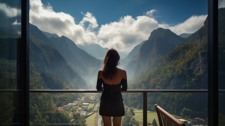 Kobieta stoi na balkonie tyłem i patrzy na góry. Przed nią widać domki, ulicę, góry i lasy.