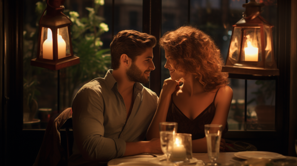 Kobieta i mężczyzna siedzą  przy stoliku w restauracji. W tle lampiony, okno i drzewka.