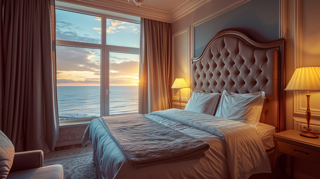 Dwuosobowe łóżko, a po jego bokach szafki z lampkami. Pokój hotelowy, z okien widok na morze.