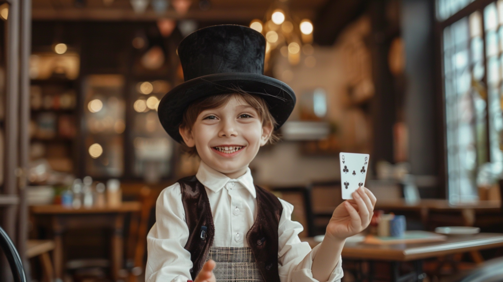 Chłopiec w kapeluszu magika, w dłoni trzyma dwie karty. Uśmiecha się. W tle restauracja.