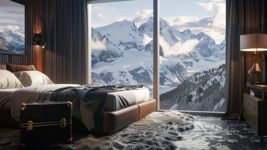 Luksusowy pokój hotelowy. Po lewej stronie stoi łóżko i walizka, po prawej szafka i lampa. W tle okno, przez które widać góry.