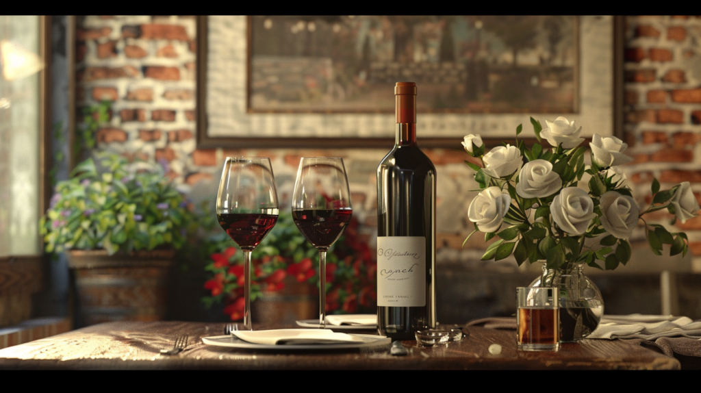 Butelka wina i dwa kieliszki z czerwonym winem stoją na stole. Obok stoi szklanka z wodą, wazon z kwiatami i leży zastawa. W tle murowane ściany i obraz.