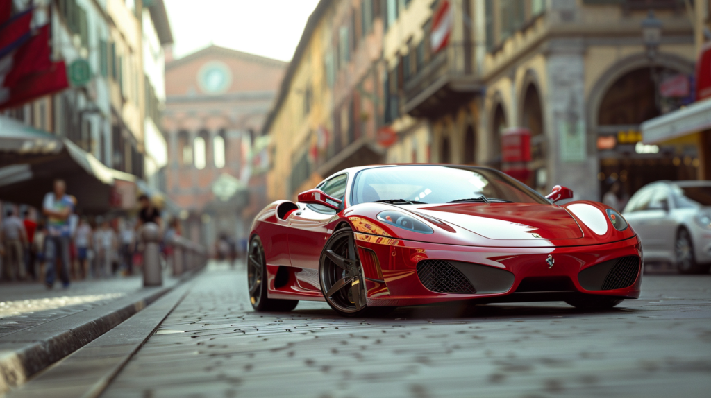 Ferrari modena stoi na ulicy. W tle miasto.