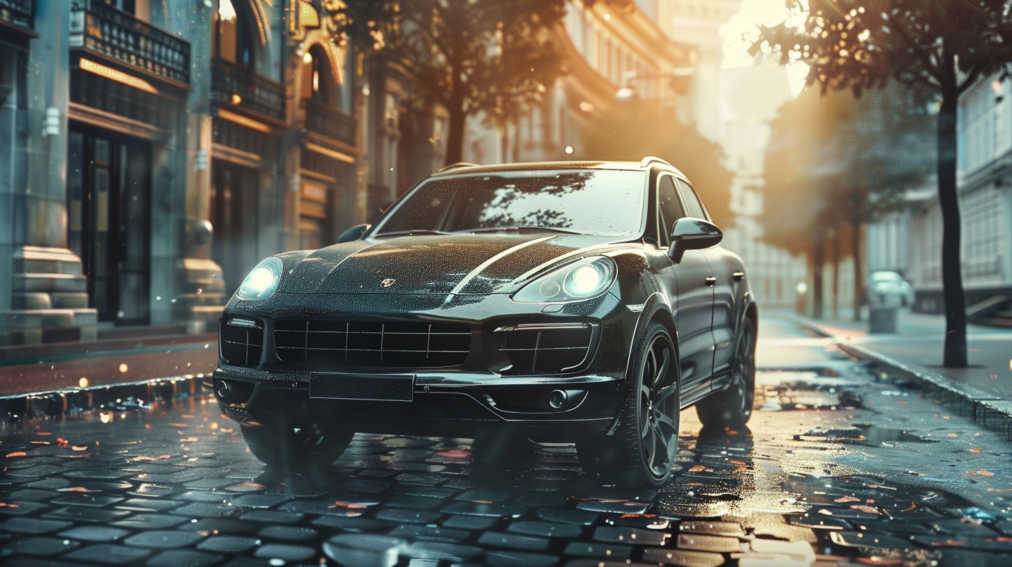 Czarne Porsche Cayenne stoi na brukowanej ulicy. Pada deszcz. Dookoła bloki, a po obu stronach ulicy rosną drzewa.