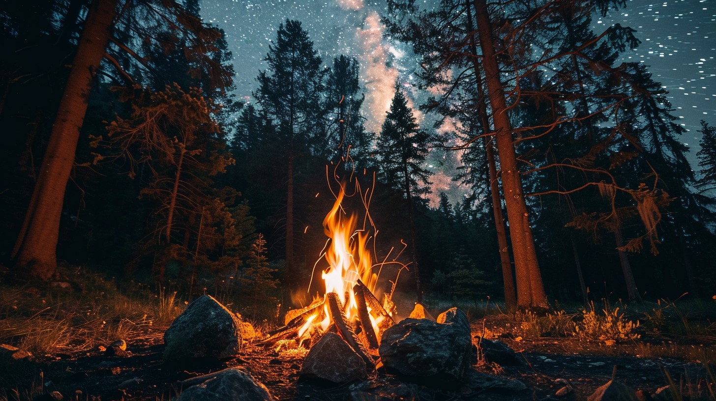 Ognisko w lesie, nocne niebo