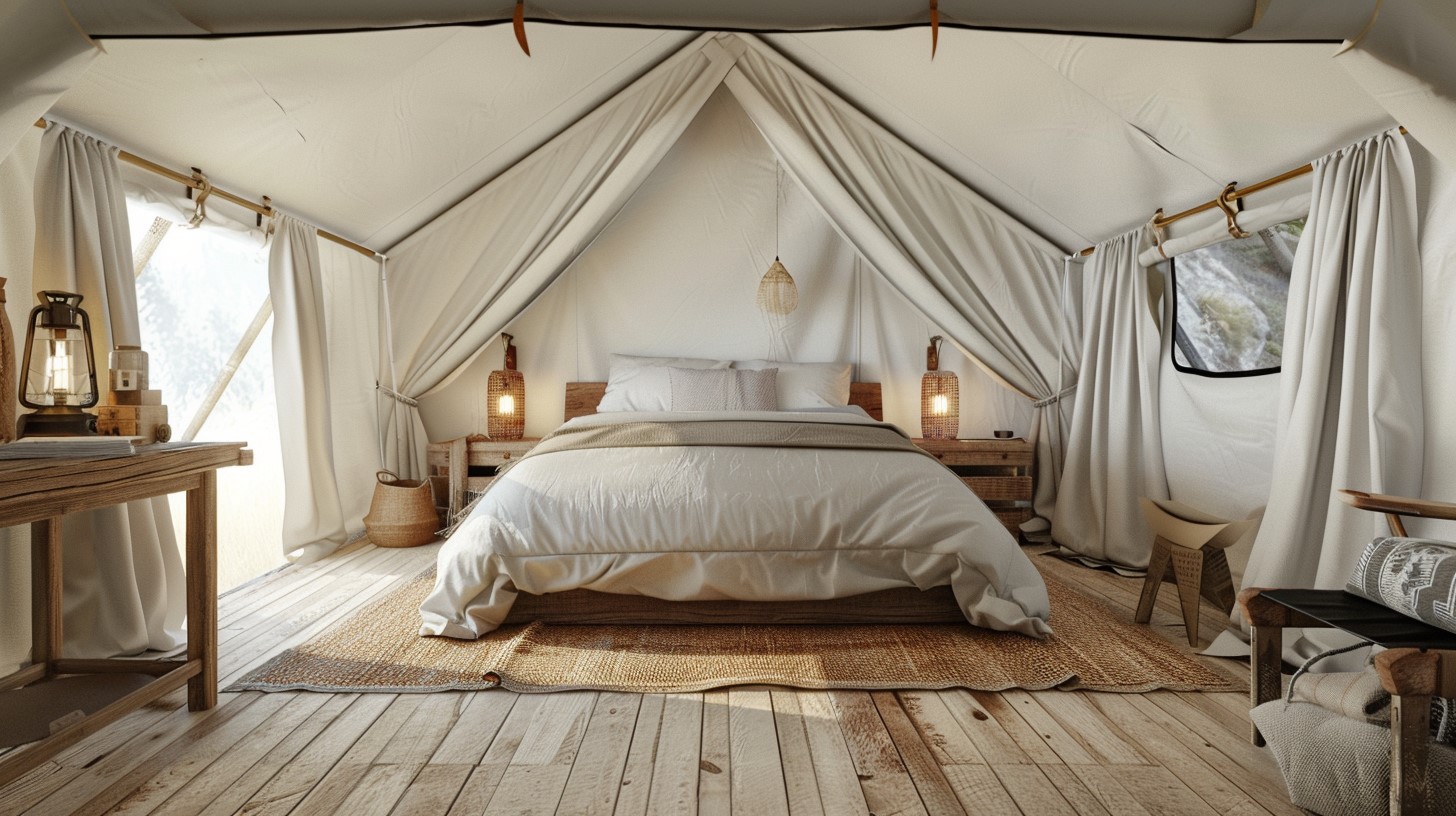 Wnętrze luksusowego namiotu. Duże łóżko po środku, po bokach drewniane szafki.