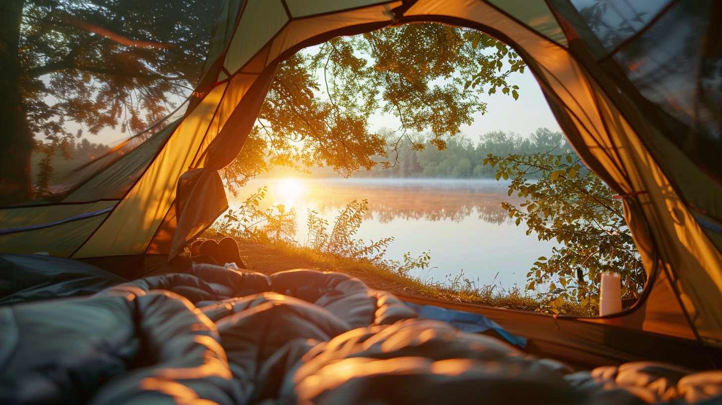 Wnętrze namiotu, z którego widać las, gałęzie, konary i jeziora. Jest wschód słońca.