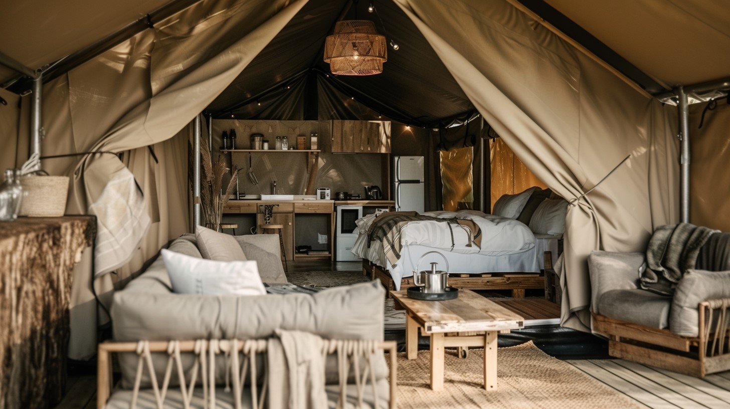 Namiot glampingowy z łóżkiem, aneksem kuchennym i innymi udogodnieniami.